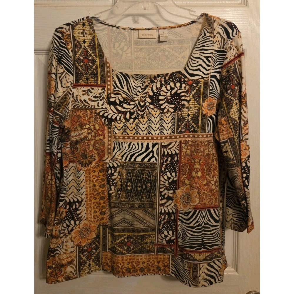Chico's multipattern patchwork knit top mixed animal floral prints square Neck 1